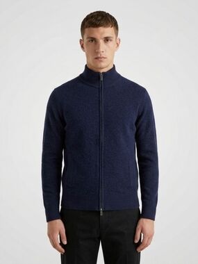 Navy Cashmere Stand Collar Zip Up Sweater
